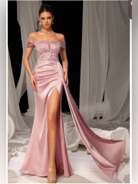 Faeriesty Pink Sequin Satin Corset Slit Maxi Prom Formal Gown Dress S